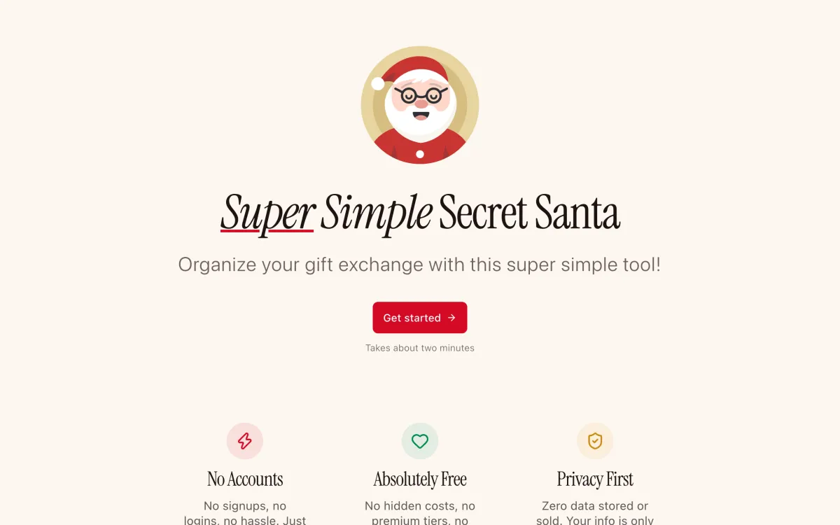 The Super Simple Secret Santa landing page